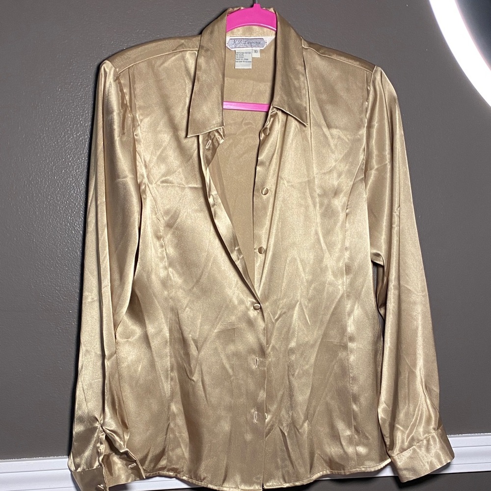 K.B. Lawrence Gold Satin Blouse Tailored Cut W/Covered Buttons